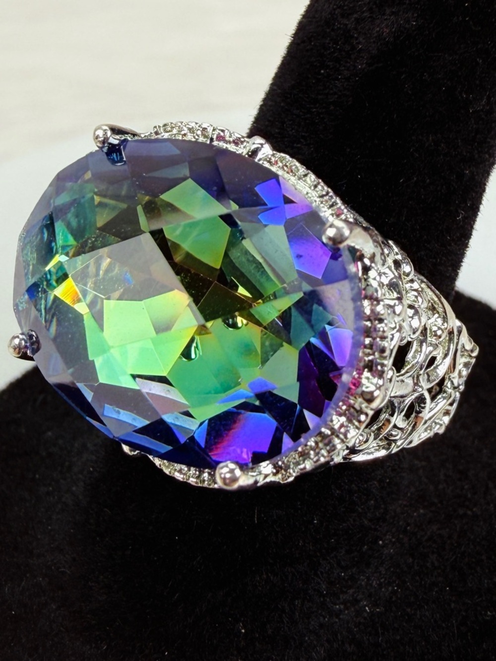 Size 6.75 Stamped 925 Silver Plated Rainbow Faceted Statement Cocktail Ring